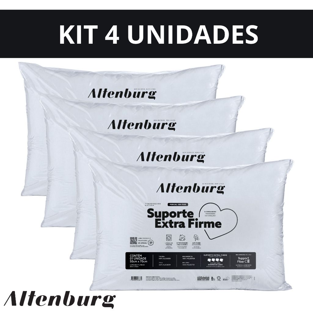 Kit 4 Travesseiros Altenburg Suporte Extra Firme 50cm x 70cm 100% Percal 180 Fios em Oferta na Shopee