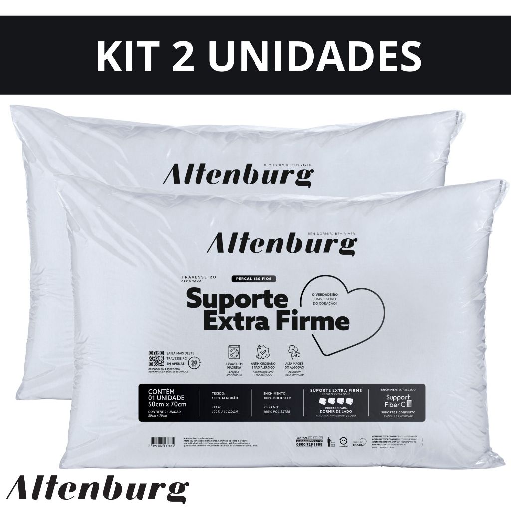 Kit 2 Travesseiros Altenburg Suporte Extra Firme 50cm x 70cm 100% Percal 180 Fios em Oferta na Shopee