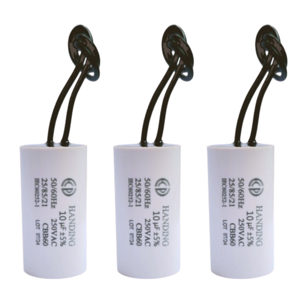 Kit 03 Capacitores 10uf 250vac 2 Fios Para Ventilador de Teto ,Motor, Portão Eletrônico