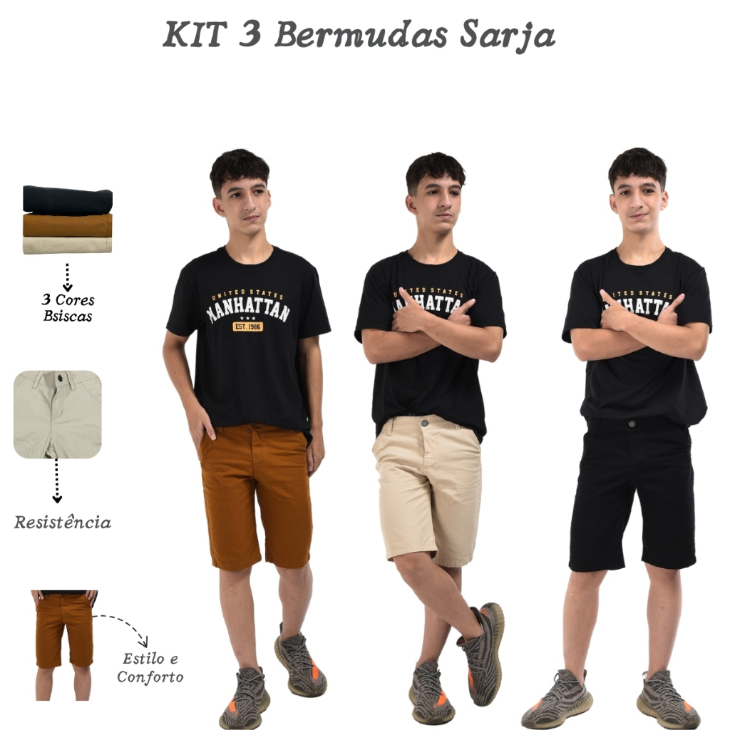 Kit 3 Bermudas Sarja Estilo Wide Short Masculino Juvenil