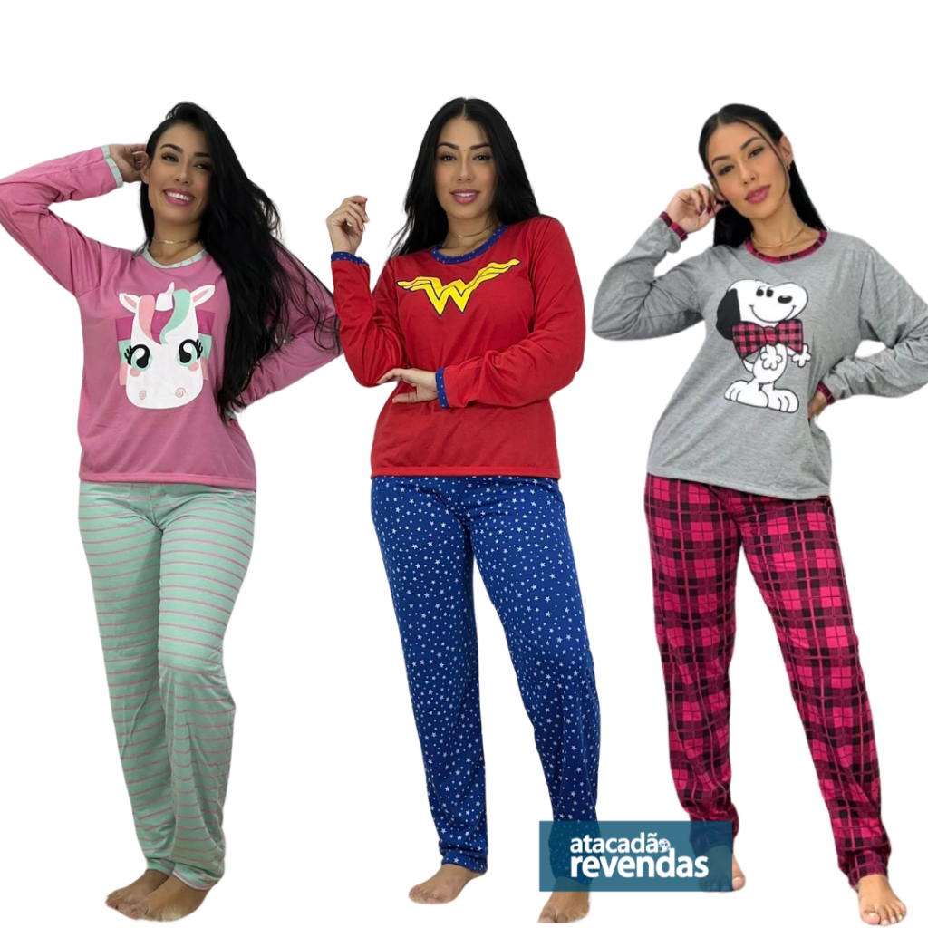 Pijama Longo Feminino Malha Adulto Manga Comprida LN012