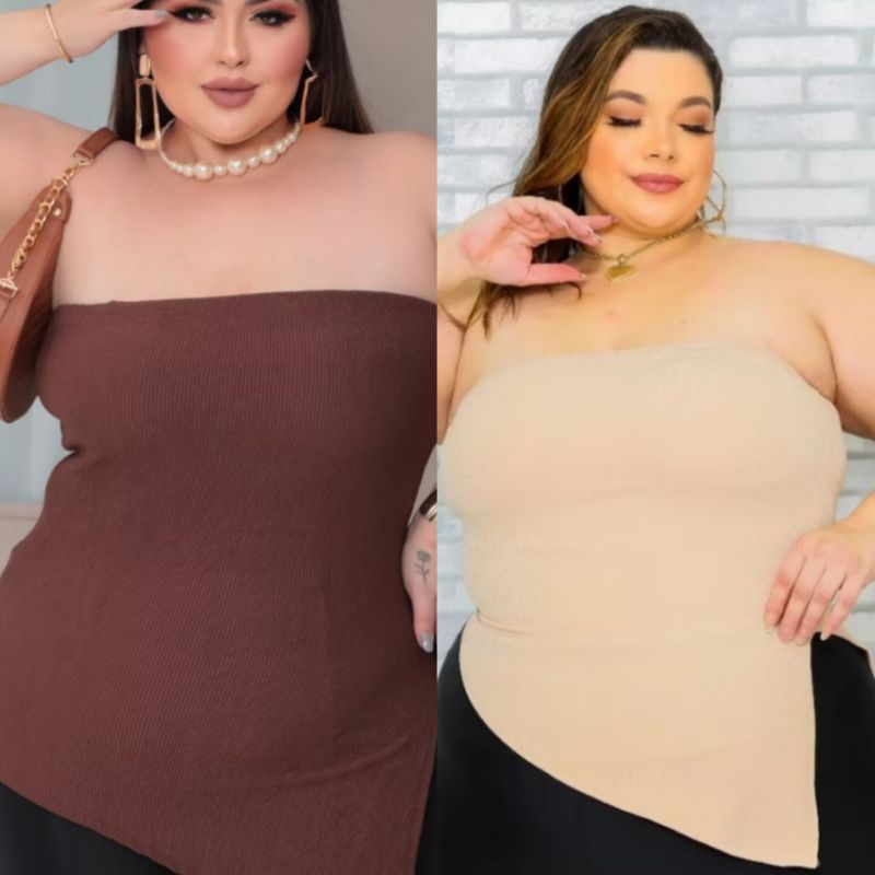 Blusa Femenina Plus Size Tomara q Caia Assimétrica Ribana Plus Size XG Com bojo removível blusinha lateral promo