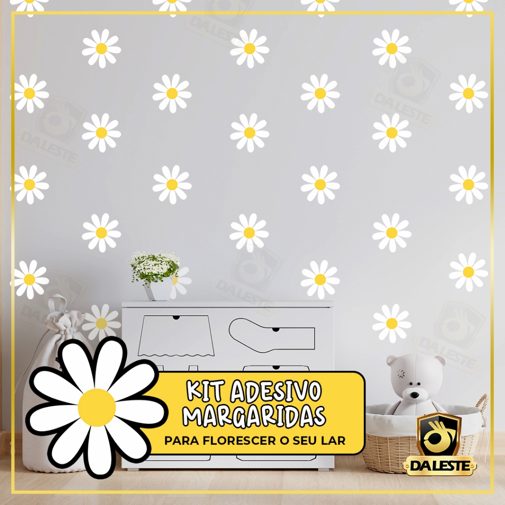 Kit Cartela Margaridas 17 cm Adesivo Flor Menina Infantil  de Parede Decoração Quarto Porta IMP