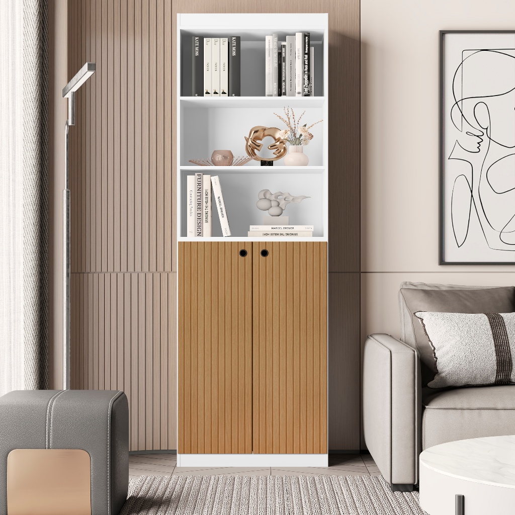 Estante Livreiro Organizador Multiuso com 2 portas e 5 prateleiras Branco/Ripado Gold Luxo em Oferta na Shopee