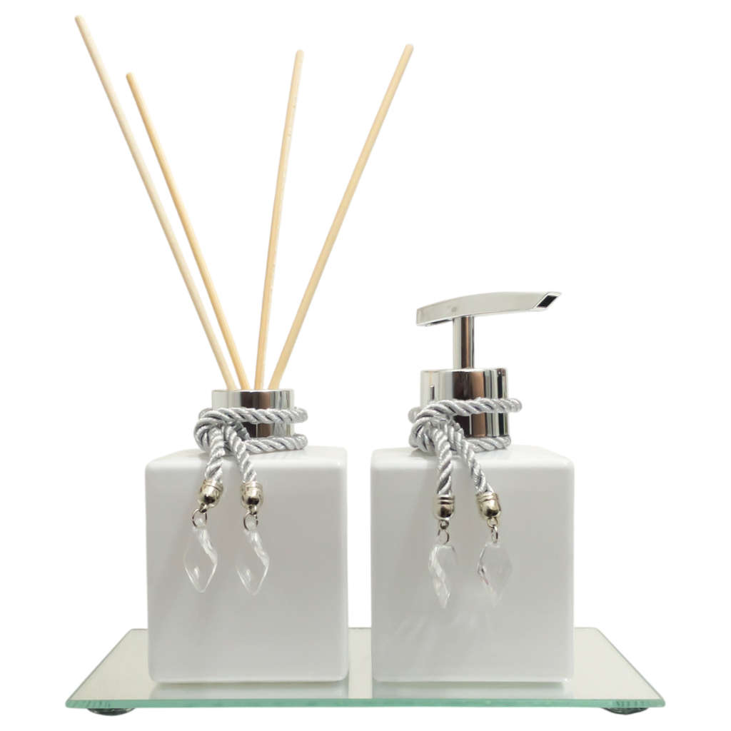 Kit Banheiro Porta Sabonete Líquido e Aromatizador Ambiente Vidro Cubo Branco 250ml Bandeja Espelho em Oferta na Shopee