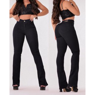 Calça jeans feminina cintura média/alta com lycra levanta bumbum skinny/flare/boca de sino em Oferta na Shopee
