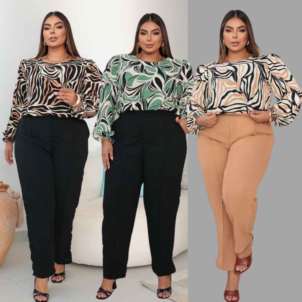 CONJUNTO PLUS SIZE CALÇA E BLUSA MANGA LONGA LUXO