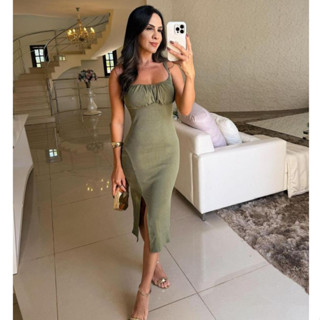 Vestido Feminino Mídi Com Alças Finas Com Fenda Lateral Malha Ribana Canelada Tendencia Ve...