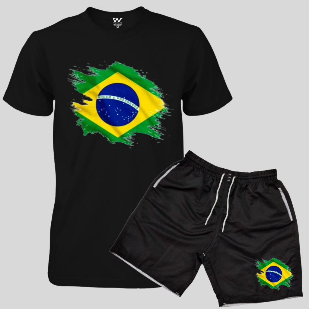 Combo Camiseta Brasil Camisa Adulto Ou Infantil + Bermuda Short Masculino