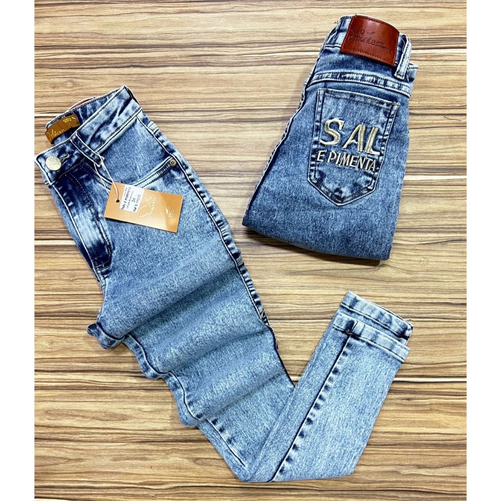 Calça Jeans Skinny Levanta Bumbum Sal e Pimenta Com Elastano Cintura Alta Pimenta Doce Original em Oferta na Shopee
