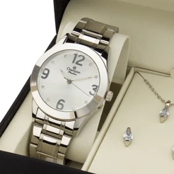 Relogio Feminino Champion Prata com Colar e Brincos Original CH24268B