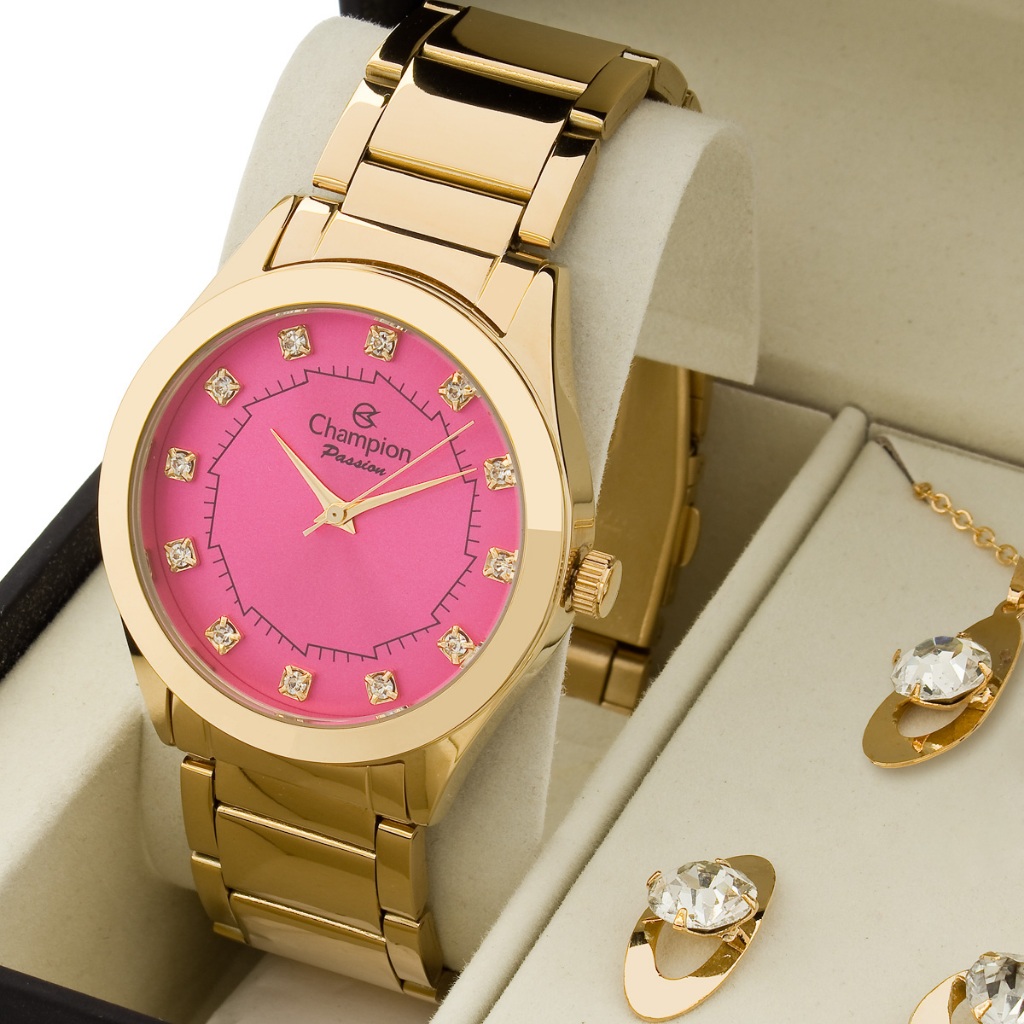 Relógio Dourado Feminino Fundo Rosa Champion Kit Colar e Brincos Original CH24759J em Oferta na Shopee