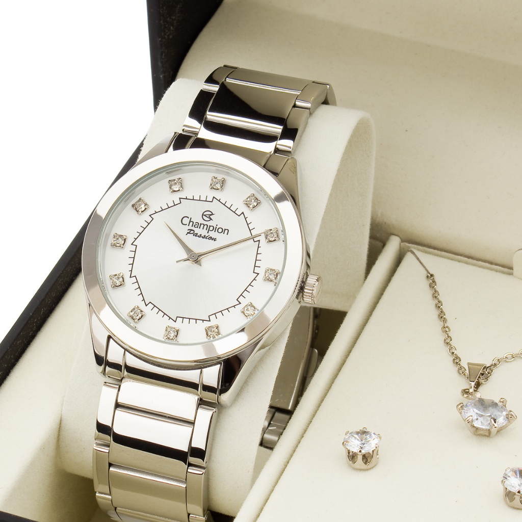 Relógio Prata Champion Feminino Kit Colar e Brincos CH24759S Original em Oferta na Shopee