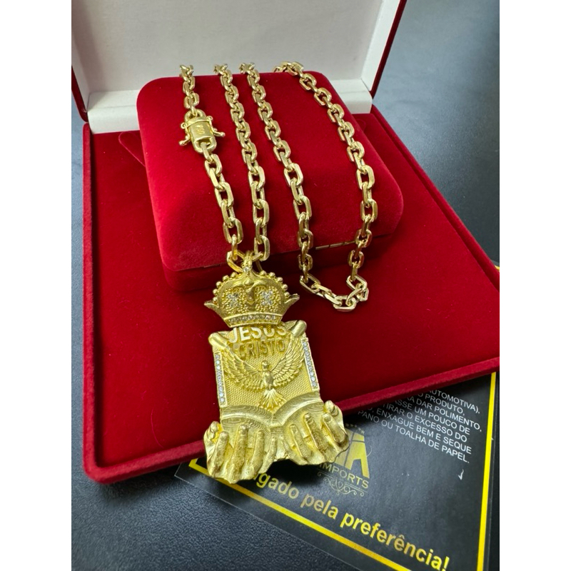 Cordao cadeado 6mm 70cm + pingente Jesus 100% moeda antiga cor de ouro