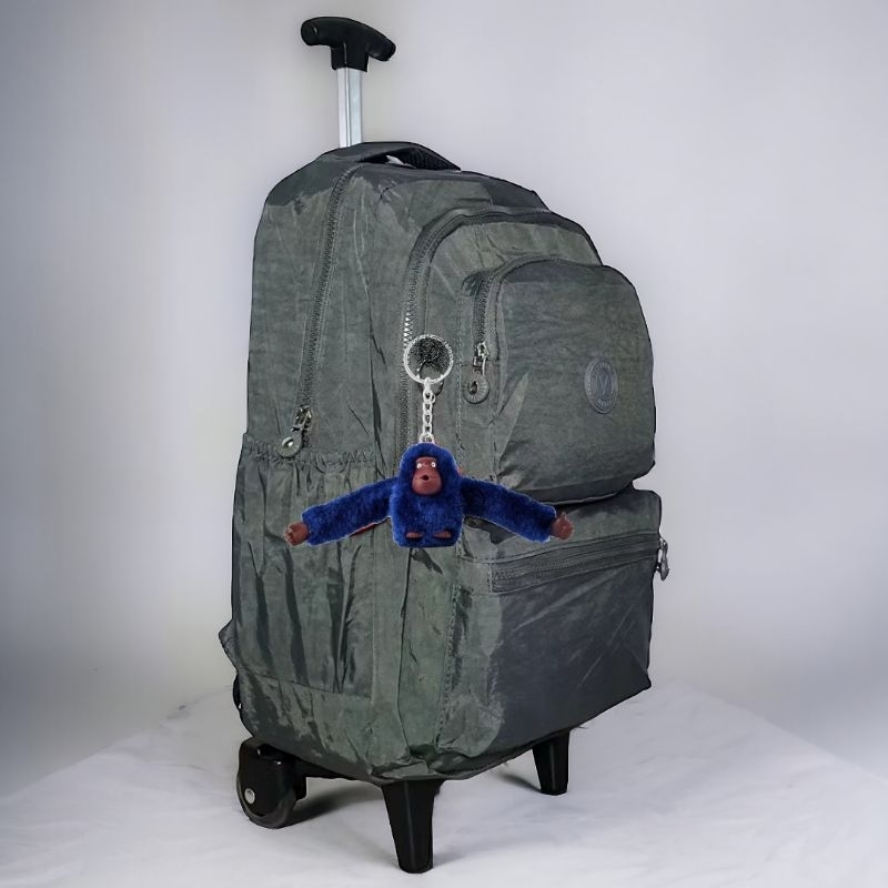 Mochila De Rodinha Juvenil Grande Reforçada Com Chaveiro Macaco Material Tactel