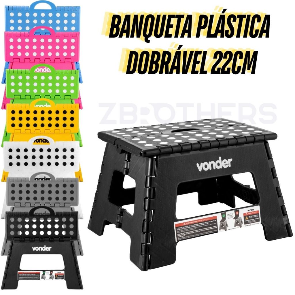 Banqueta Banquinho Dobrável Plástica Vonder 22cm Anti Derrapante Suporta até 150kg
