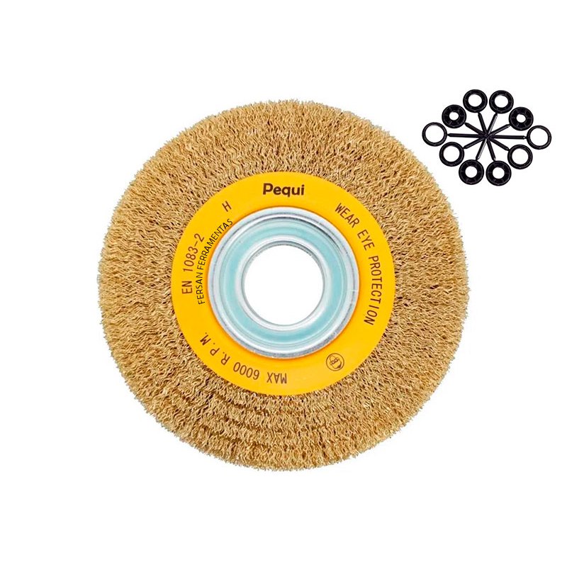 Escova de Aço Circular 6” x 3/4” - Aço Latonado - Com Buchas de Redução - Pequi