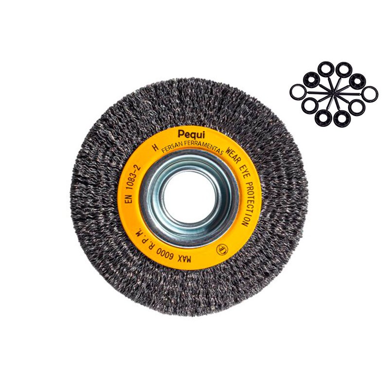 Escova de Aço Circular 6” x 3/4” - Aço Carbono - Com Buchas de Redução - Marca Pequi