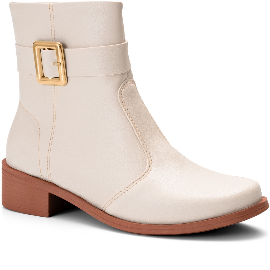 Bota Feminina Lumiss Cano Baixo Montaria Rasteira Fivela Off White em Oferta na Shopee