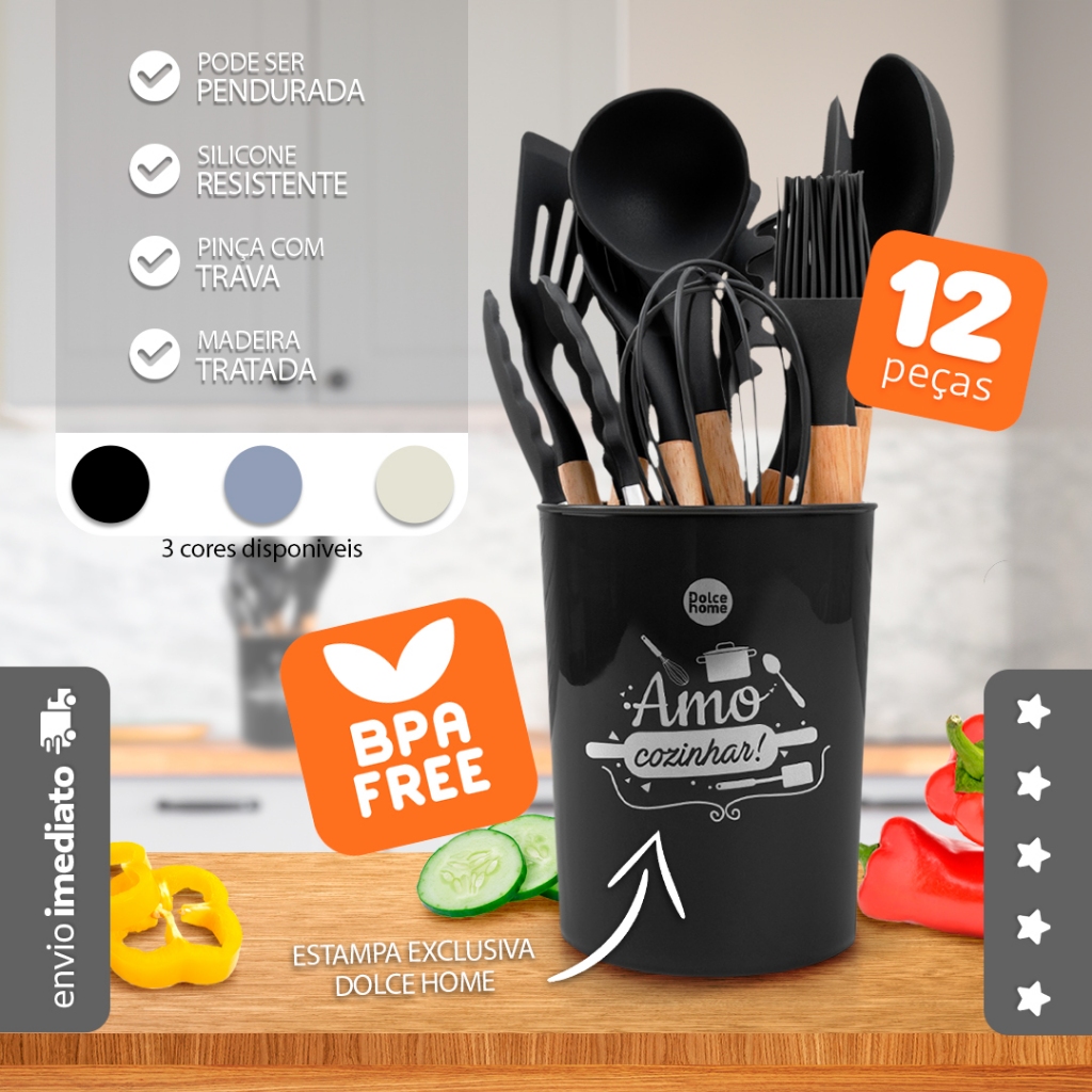 Jogo 12 Peças Utensílios Silicone Cabo Madeira Fouet Pegador - Bhz Store