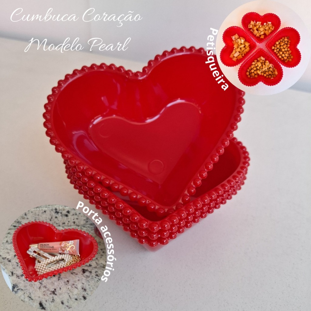Kit 06  Cumbuca Coração Petisqueira VERMELHA PEARL de Acrílico Sobremesas Guloseimas