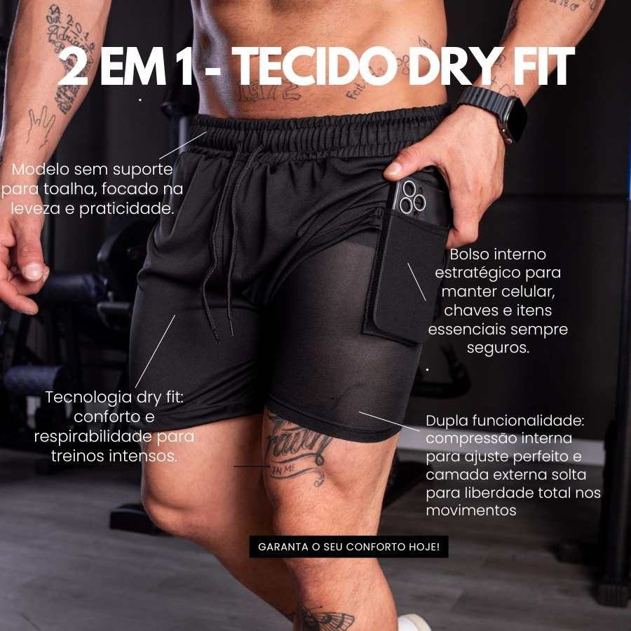 Shorts Calção Bermuda Dry Duplo 2 Em 1 Academia Masculino Treino Sport Fitness Com Elastano