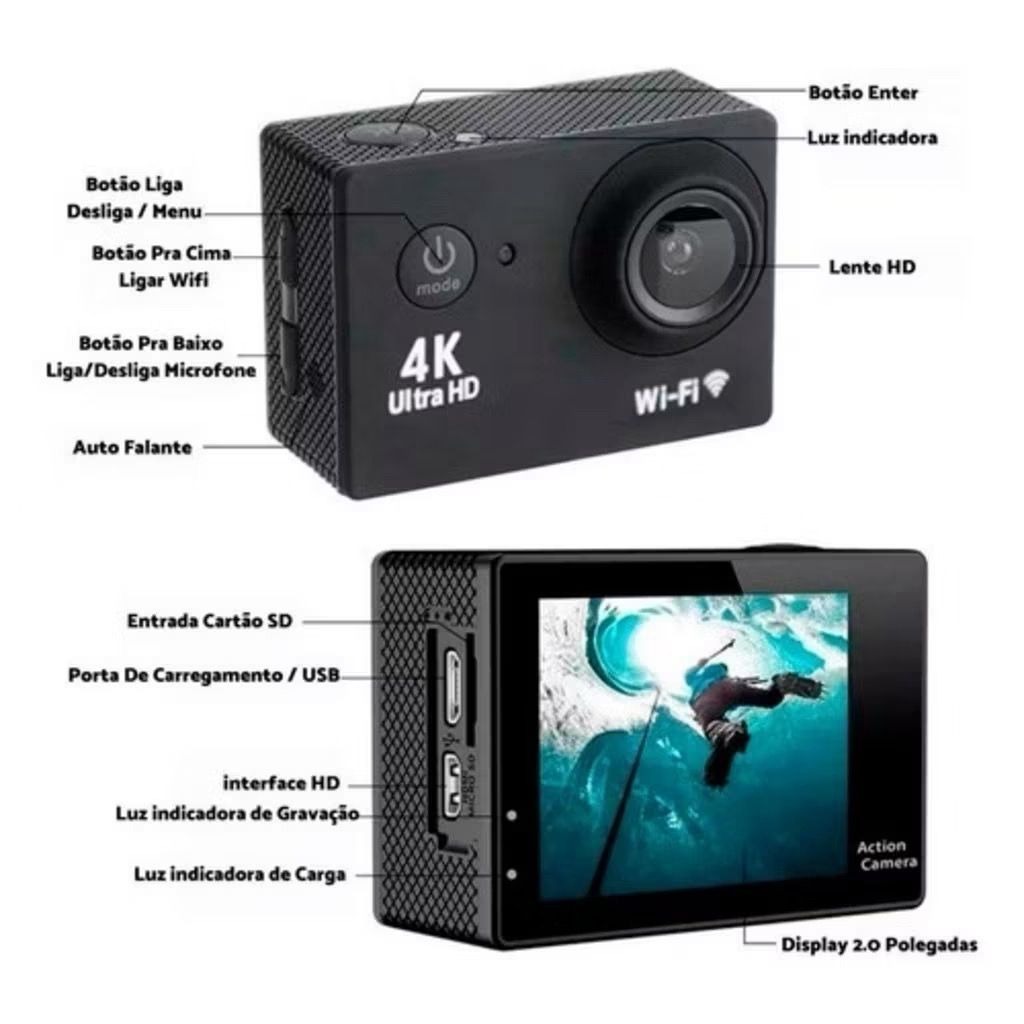 NOVA - Câmera Esportiva Gopro 4K Ultra HD WiFi 30M à Prova dágua Com ou Sem Controle Remoto