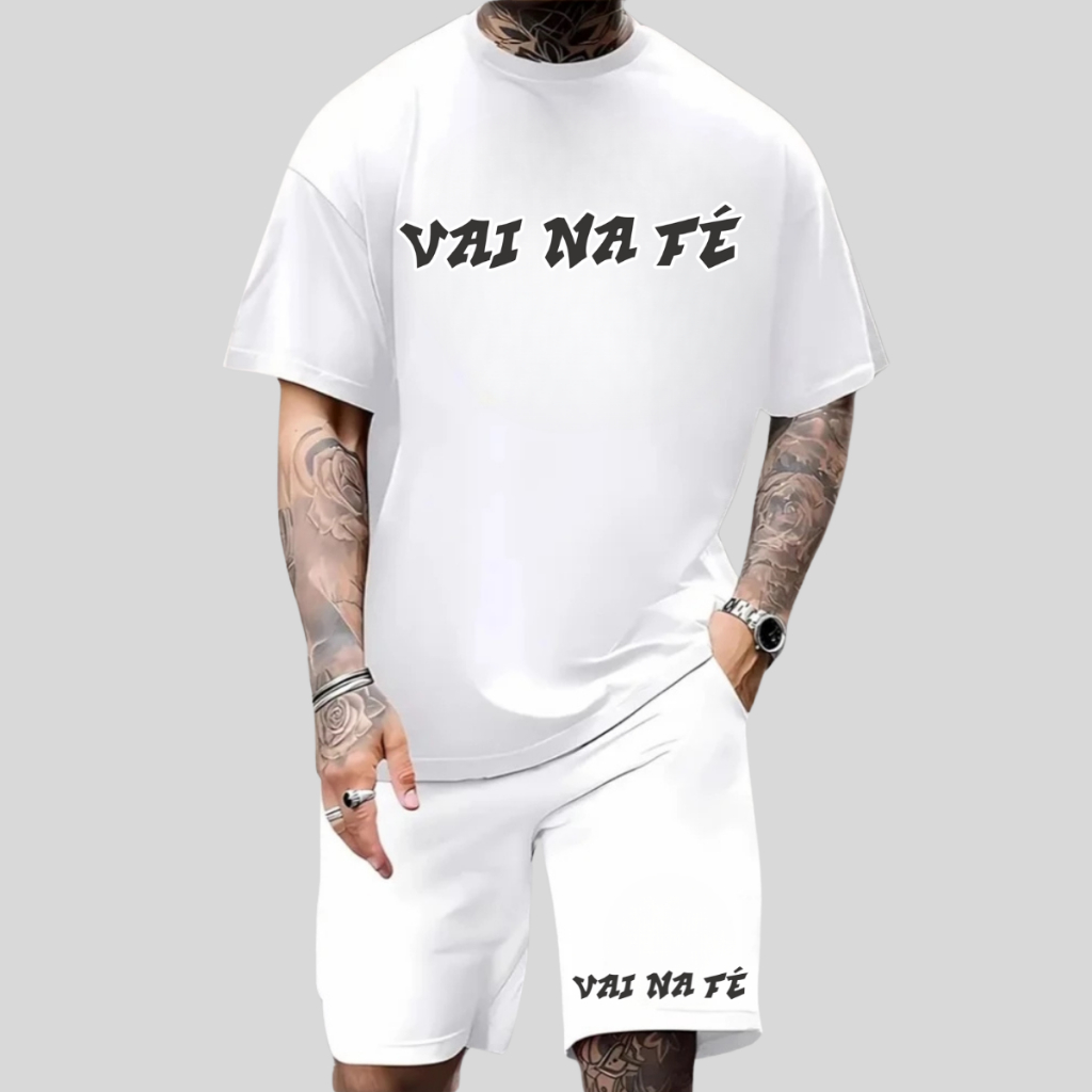 Conjunto Masculino Camiseta Streetwear Vai na fé + Bermuda Tactel Masculina