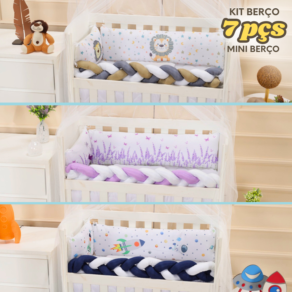 Kit Mini Berço 7 peças trança Mosquiteiro Leão Safari Nuvem Rosa Lavanda Astronauta Micropercal