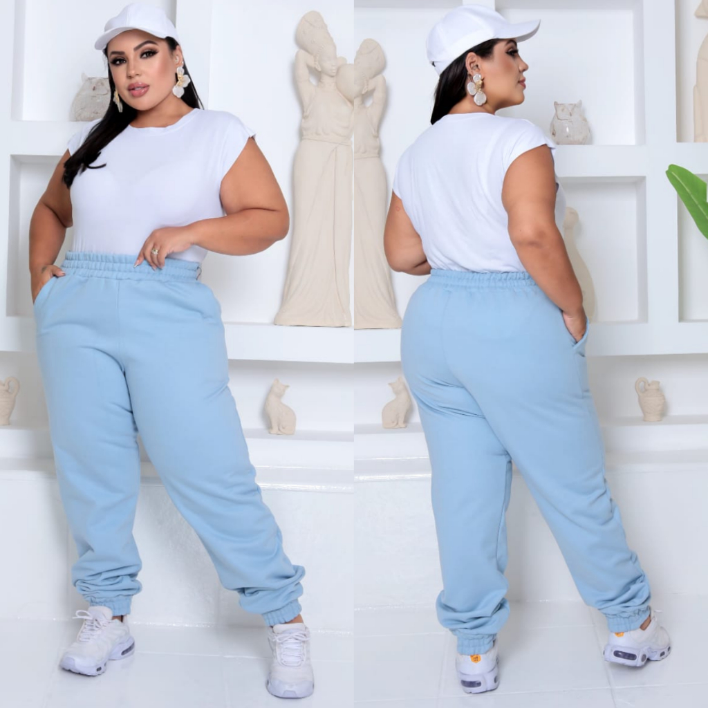 Calça Jogger Feminina Plus Size Moletom Cintura Alta com Bolsos Confortável Streetwear Casual Dia a Dia