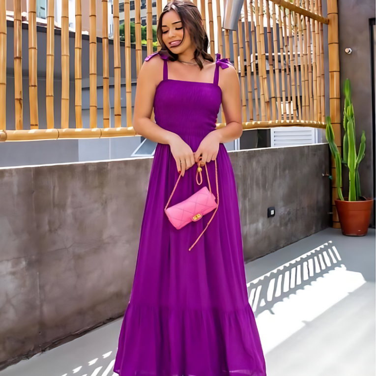 Vestido Feminino longo com alças ajustáveis e lastex TECIDO DUNA PREMIUM