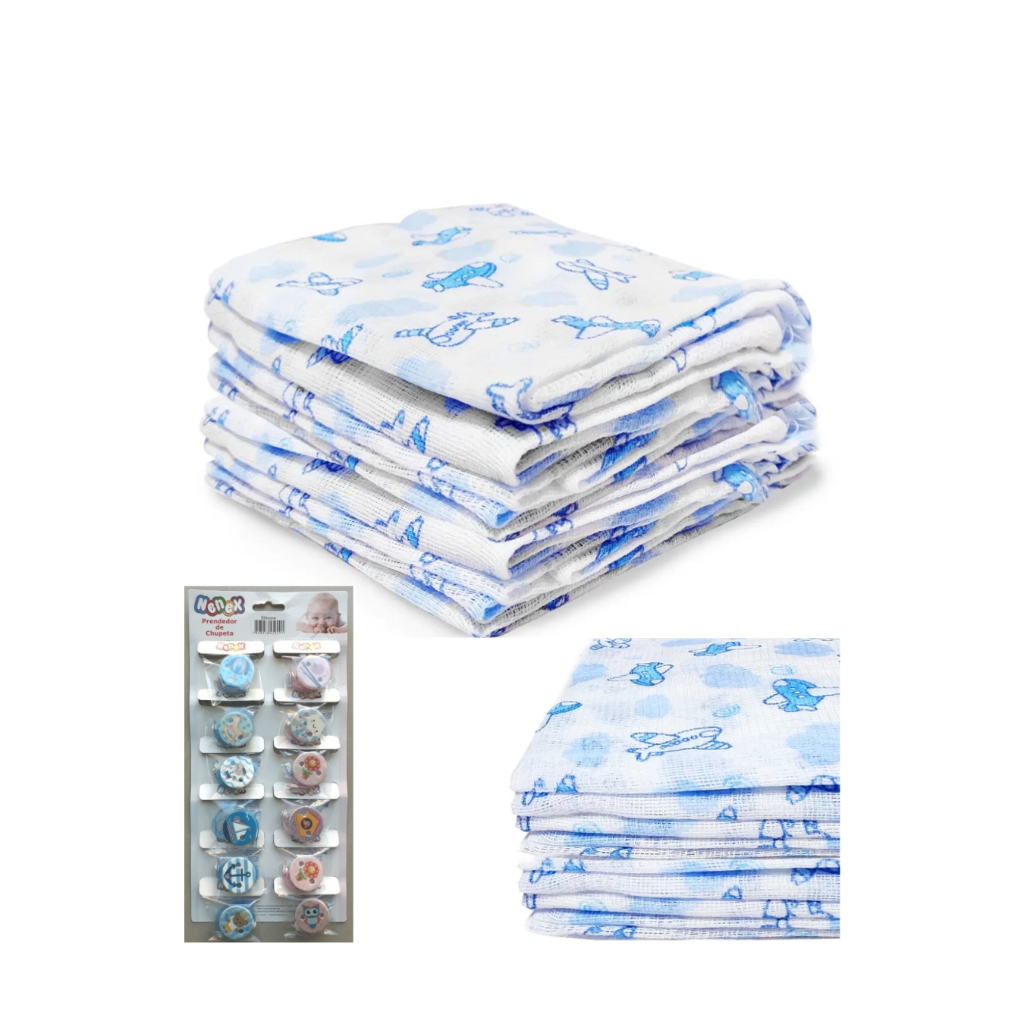 Fralda de Pano Minasrey Azul | 5 un. + Prendedor de Chupeta | Kit Conforto
