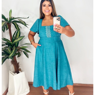 Vestido Feminina Midi, Renda,Manga Curta, Bolsos Laterais Duna Premium, Lastex ,luxo, Forrado em Oferta na Shopee
