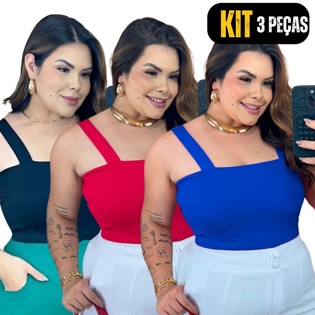 KIT 3 Cropped Plus Size Alça Grossa Suplex Top Faixa Várias Combinações de Cores