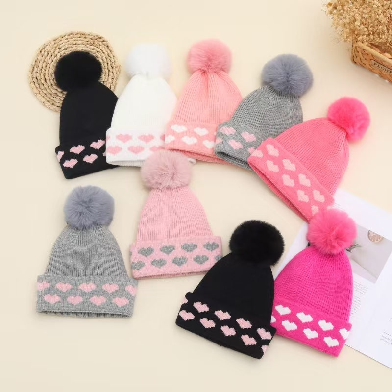 2025 Novo Touca Infantil Menina e Menino Quente Com Pompom Touca Gorro Infantil De Coração Modelo JZ013