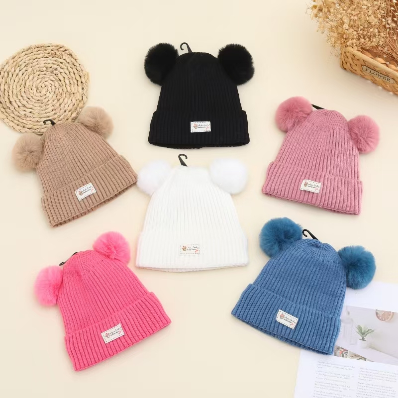 2025 Novo Touca Infantil Simple Menina e Menino Quente Com 2 Pompom Touca Gorro Infantil De 2 Pompom Modelo JZ027