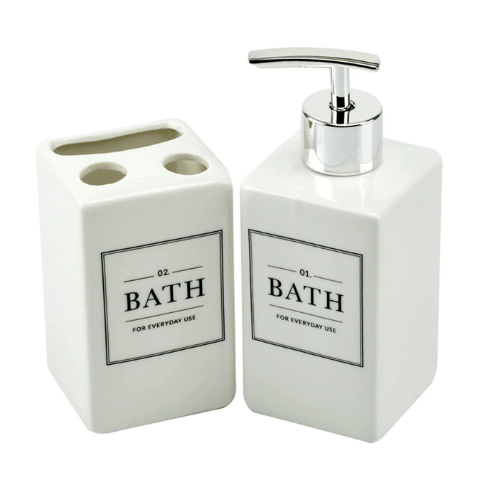 Kit Banheiro Lavabo 2 Peças Bath Branco Dispenser Porta Sabonete Líquido Porta Escova Luxo...
