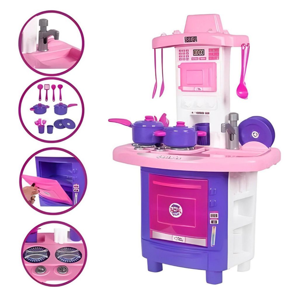 Kit Cozinha Infantil Completa Menina 70CM Grande Sai Agua de Verdade Faz de Conta com Fogão