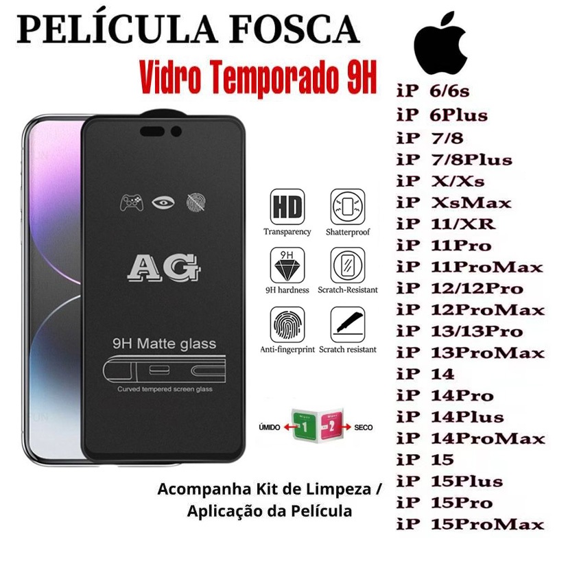 Película Fosca Vidro Temperado HD Anti Reflexo Anti Digital Alta Resistência Proteção Tela para iPhone