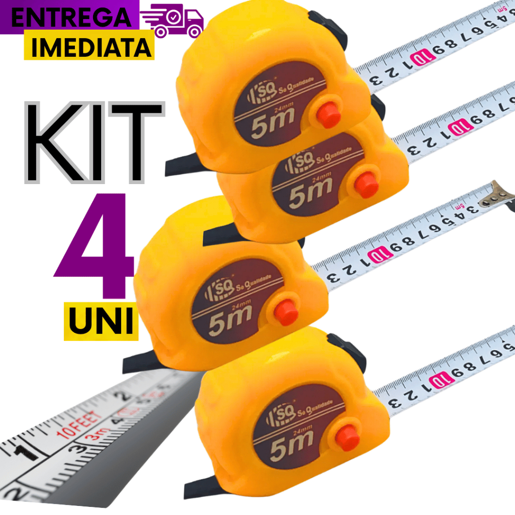 Kit 04 Trena 5 Metros Amarela Mm/pol Profissional De Bolso Resistência e Durabilidade graduada