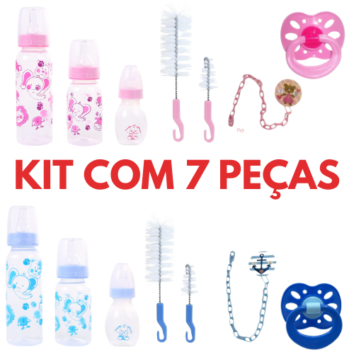 Kit 7 peças para bebê 3 mamadeiras + 2 escovas + 1 chupeta + 1 prendedor de chupeta
