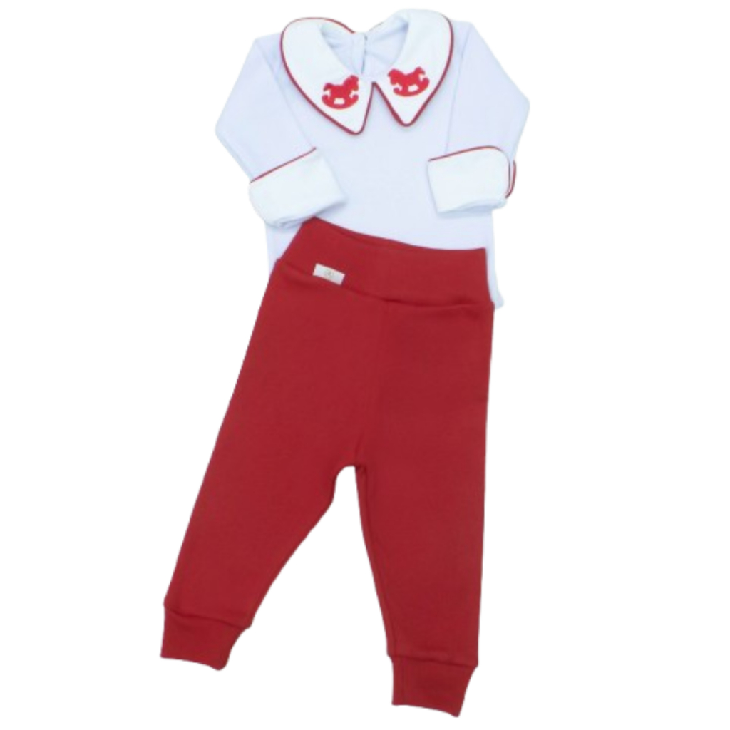 CONJUTO BODY COM GOLA BORDADA DE CAVALINHO E CALÇA COM CÓS CONFORT 100% ALGODÃO PARA MENINO SOCIAL