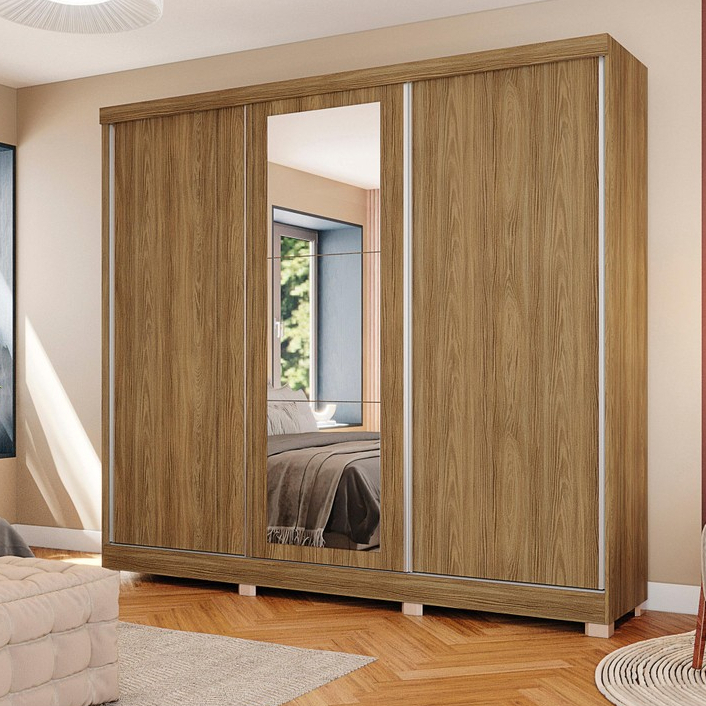 Guarda-Roupa Casal 100% MDF Kappesberg c/Pés e 3 Espelhos 3 Portas de Correr 8 Gavetas Nogueira