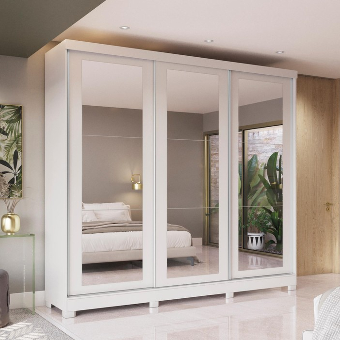 Guarda-Roupa Casal 100% MDF Kappesberg 3 Portas de Correr com Espelhos 8 Gavetas Branco - Home & Living