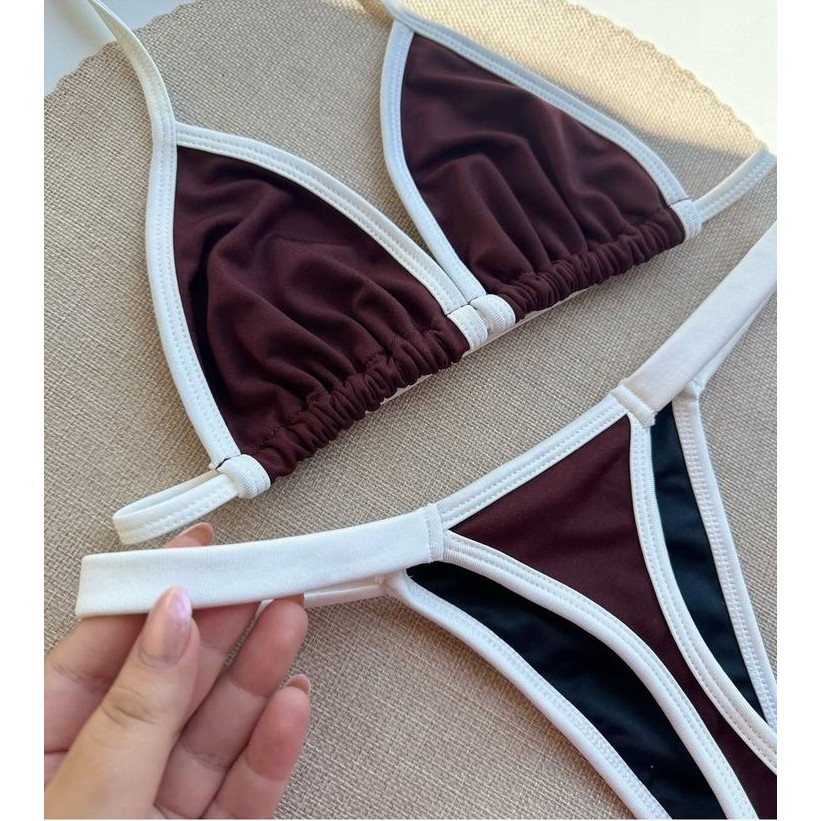 Conjunto de Biquíni Marquinha de Fita Fio Dental Cortininha Forrado Sem Bojo Marrom com Off White Bronze