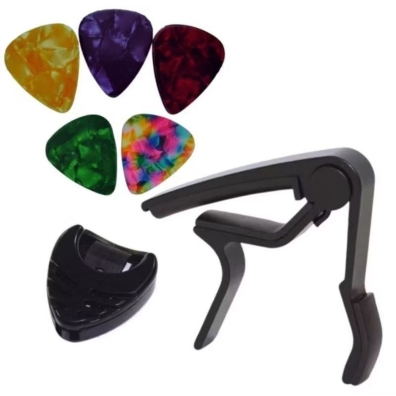 Capotraste Pestana Abraçadeira Violão Guitarra Ukulele + Porta Palheta + 5 Palhetas