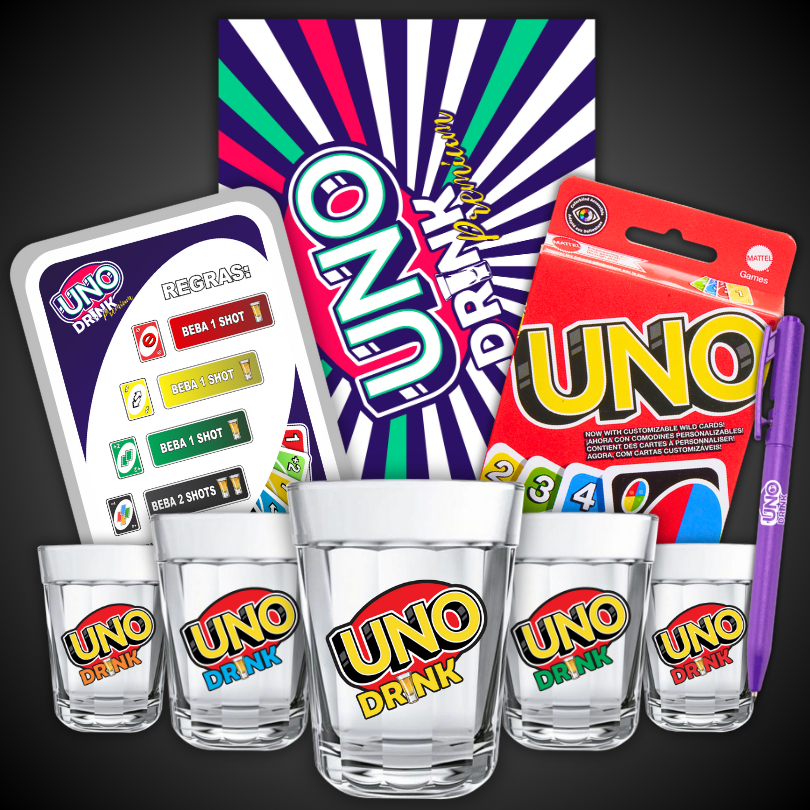 UNO Drink Completo Jogo de Beber: 6 Copos + Regras + Jogo Uno Original /Festa/Amigos/Alcoólico