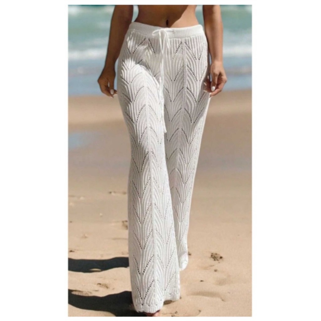 Calça feminina Saída de praia Pantalona Cintura alta Tricot Crochê em Oferta na Shopee