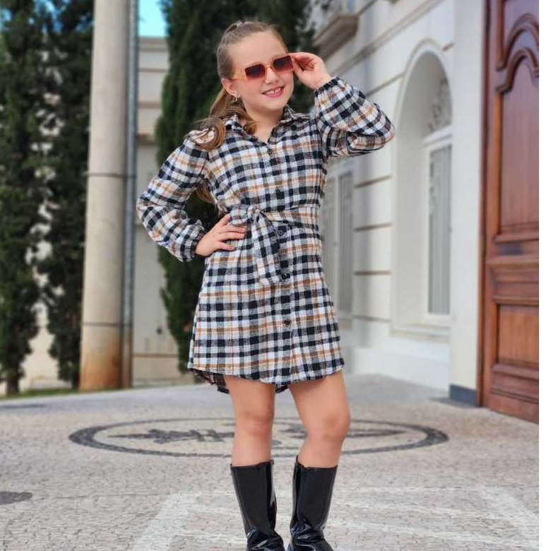 Chemise Infantil Xadrez Camisa Vestido Flanelada Com Cinto