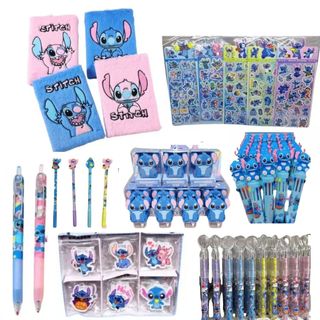 Kit 7 itens Papelaria Fofa Stitch escolar caderno apontador lapis adesivo